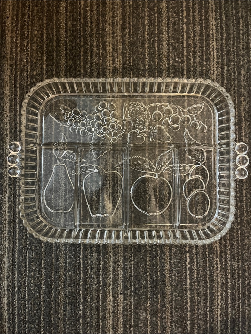 Indiana Clear Glass Divided Serving Tray with Fruit Etching Vintage